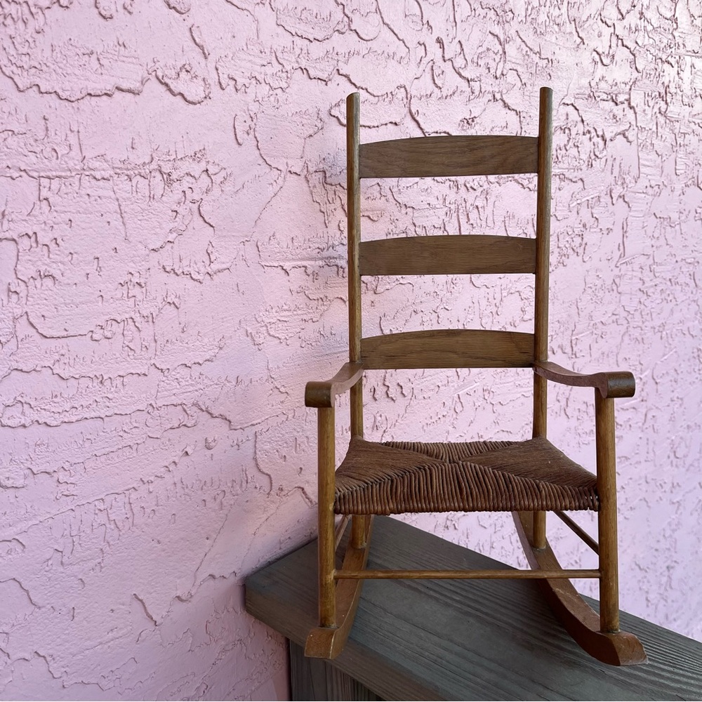 Vintage Handmade Ladder Back Rush Seat Doll Chair Rocker Teddy Display Folk Art